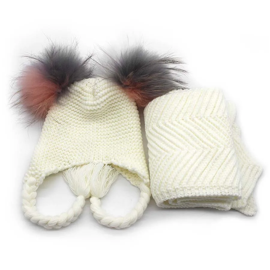 Детский набор шапки и шарфа для мальчиков и девочек, От 1 до 3 лет, популярные помпоны, косичка, зимние теплые шапочки - Цвет: White3