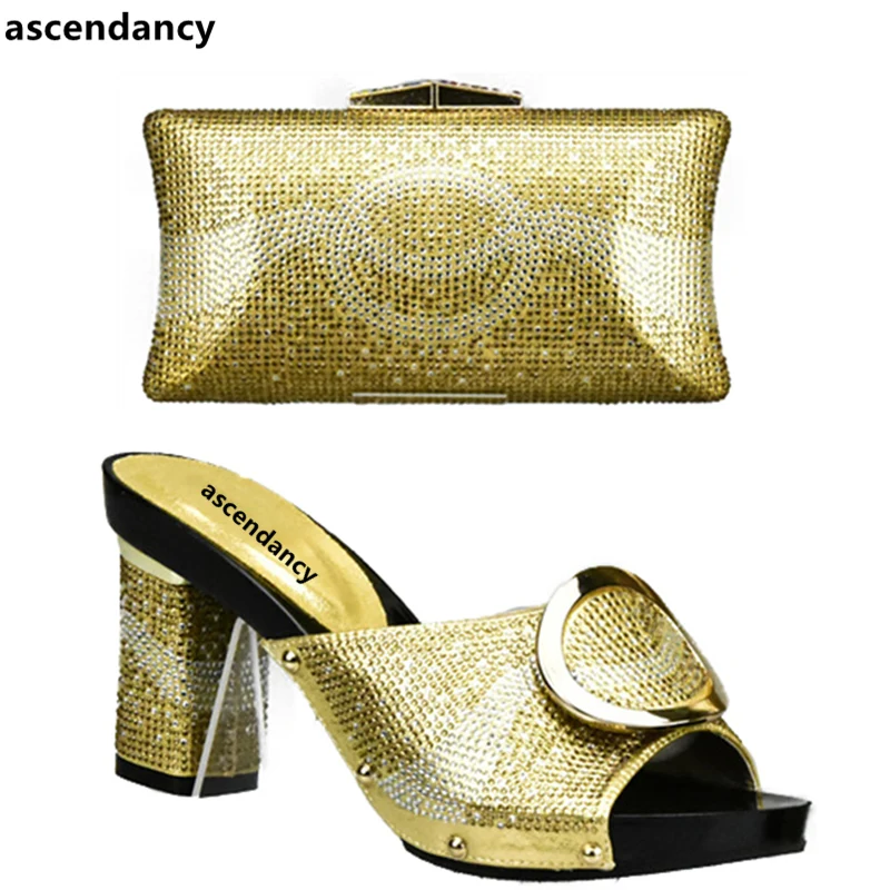 

Gold Color African Shoes and Matching Bags Italian Matching Italian Shoe and Bag Set Decorated with Rhinestone Italy Shoes Bag