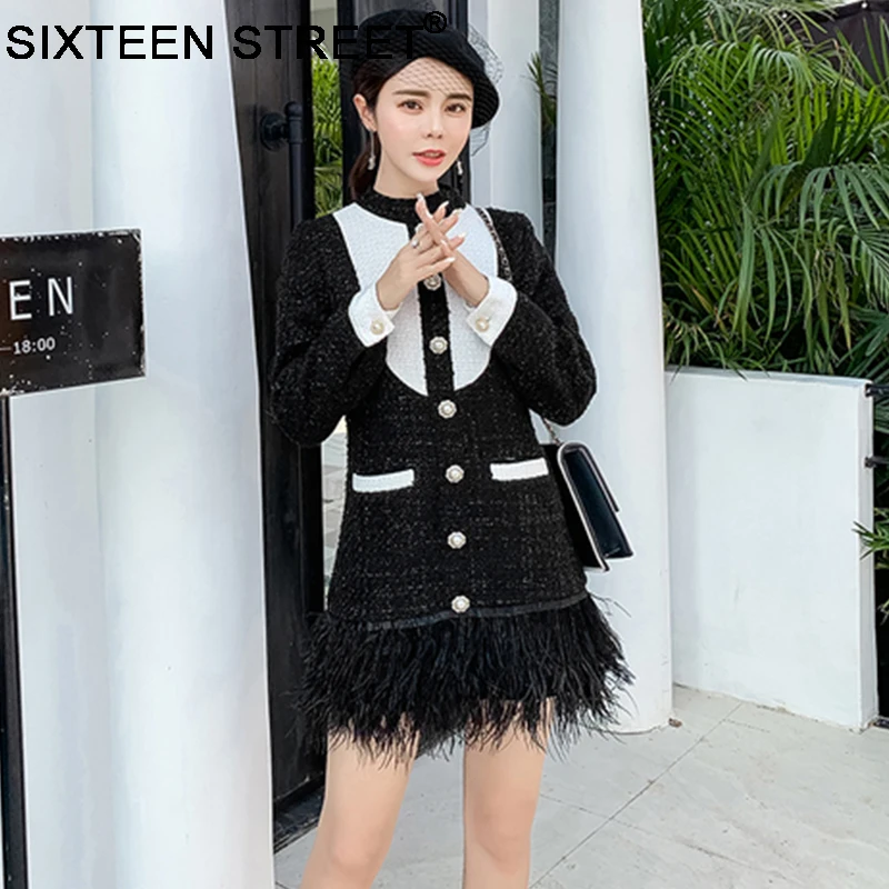 

Long sleeve feathers knitted dresses for woman New spring round neck elegant night party dress ladies out wear fall sexy 2019
