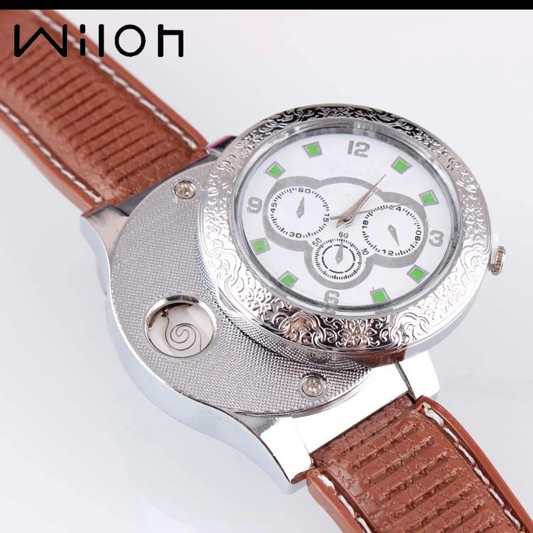 

1pcs F666 USB charging watch men creative personality USB windproof lighter electronic cigarette PU leather Men round wristWatch