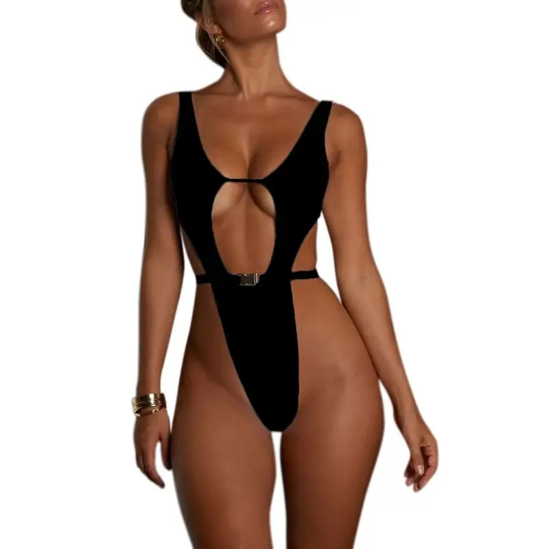 Womens Sexy One Piece Bikini Plain Solid Color High Waist Monokini Metal Quick Release Buckle Hollow Out Swimsuit Backless Slim | Спорт и