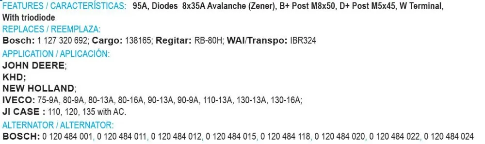 95A выпрямителя 1127320692 138165 IBR324 для генератора 0120484001 0120484011 0120484012 0120484015 0120484015 0120484118