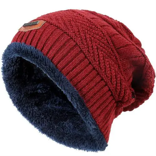 Для мужчин теплые зимняя вязаная шапочка шляпа флис сульлис кепки черный мужской повседневное толстые мягкие теплые головы - Цвет: red