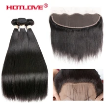 HOTLOVE Brazilian Straight Hair 3 Bundles With Frontal 13×4 Pre Plucked Non Remy Human Hair Lace Frontal Closure With Baby Hair