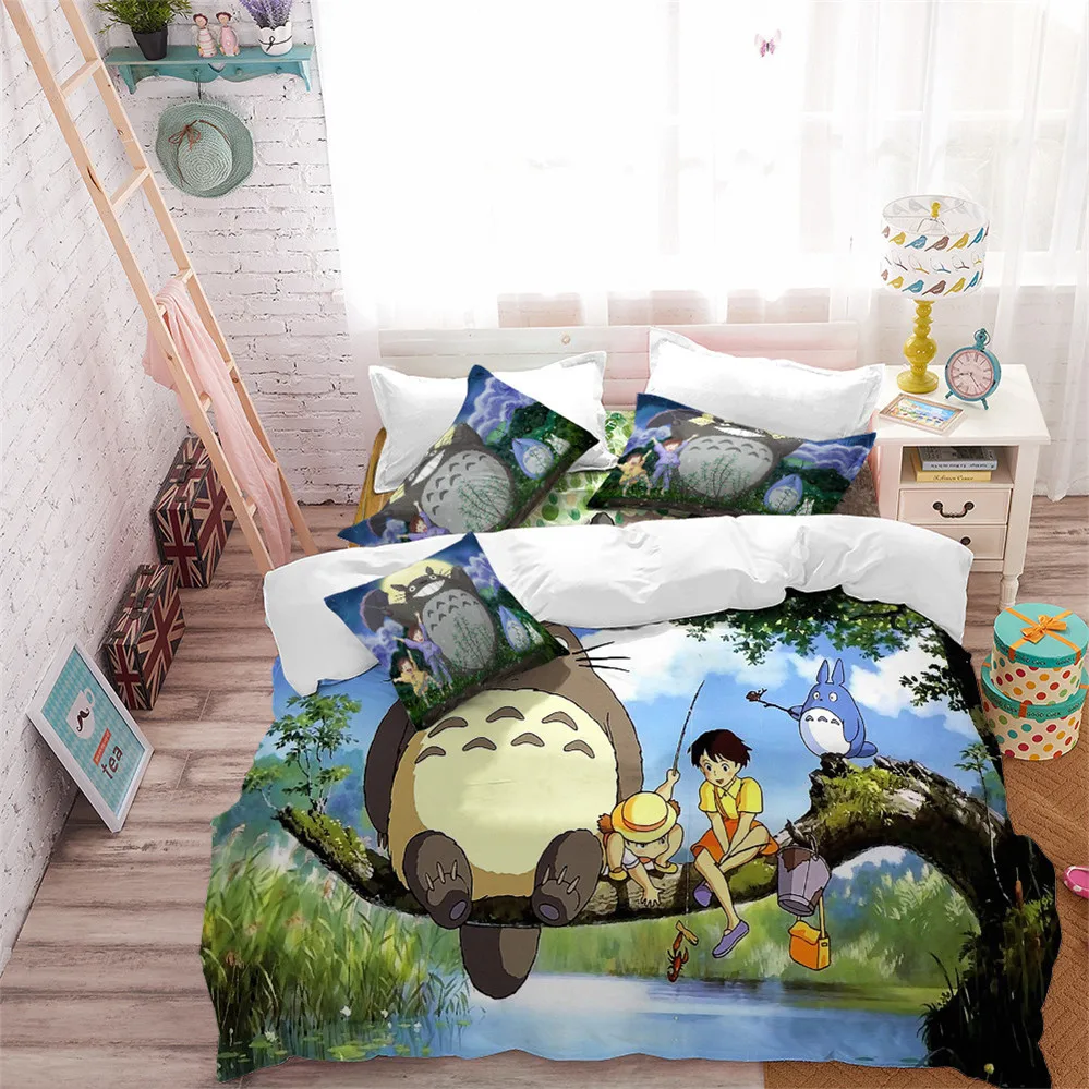 Cartoon Totoro Bedding Set Child Tree Print Duvet Cover Set Green