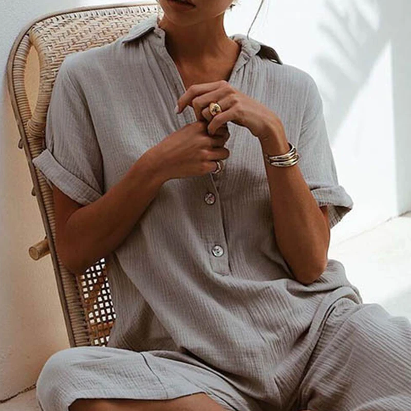 

Baggy Jumpsuit Streetwear Clubwear Harem Summer Loose Short Sleeve Casual Buttons Collar Overalls Beach Party Fashion