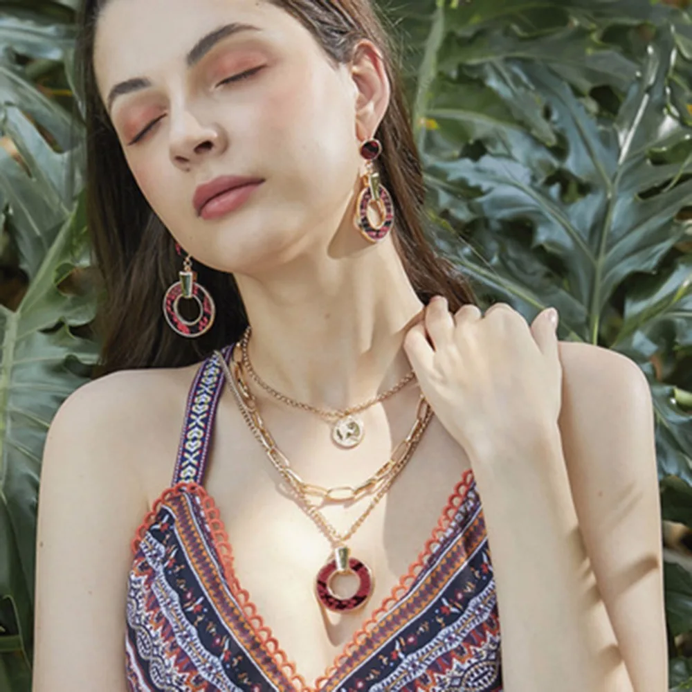 

MANILAI Snake print Leather Sets For Women Multilayer Metal Chain Shell Statement Pendant Necklace Earrings Set Party Jewelry