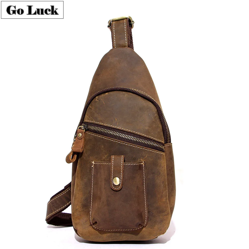 

GO-LUCK Brand Crazy Horse Genuine Leather Sling Chest Pack Men's Casual Crossbody Shoulder Bag Men's Messenger Bag Style Design