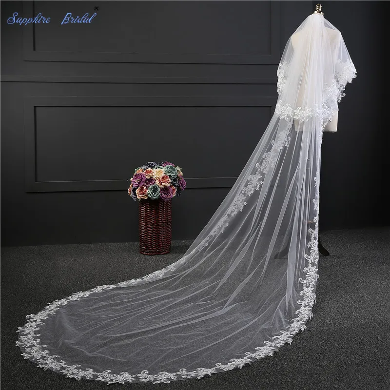 

Sapphire Bridal 2 Tiers Lace Bridal Veils White Ivory Veils For Brides With Blusher Cathedral 3 Meters Long Velo De Novia Comb