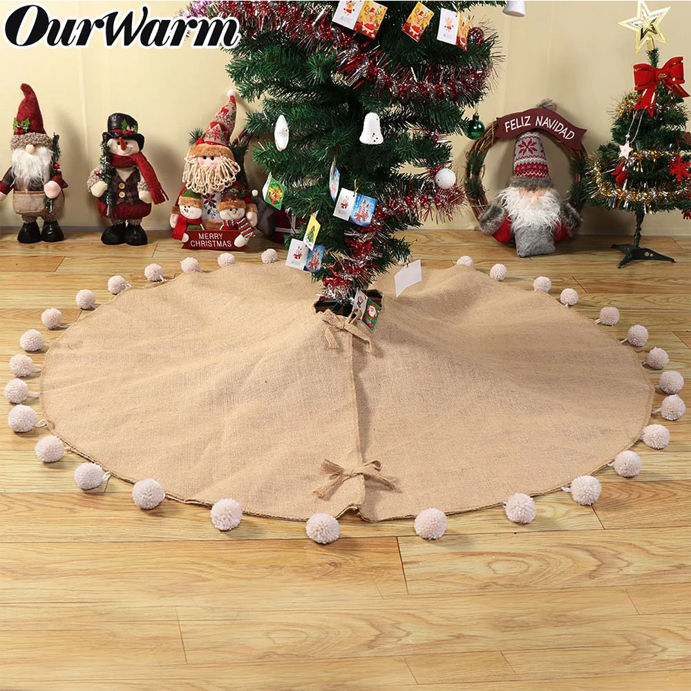

OurWarm Burlap Christmas Tree Skirt 48inch Pompom Trim Natural Xmas Tree Skirt 2018 New Year Christmas Decorations Indoor