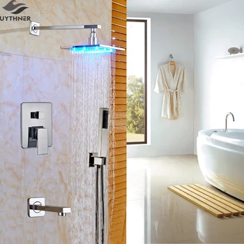

Wall Mount LED Chrome Polish 3 ways Bathroom Shower Faucet Mixer Tap 8/10/12/16-inch Rainfall Shower