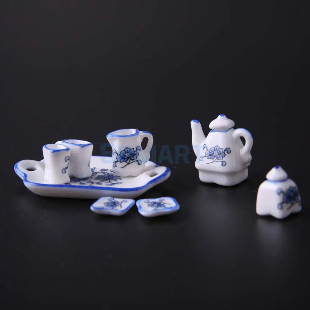 

8pcs 1:12 Dollhouse Miniature Dining Ware Coffee Tea Set Blue Flower Pattern