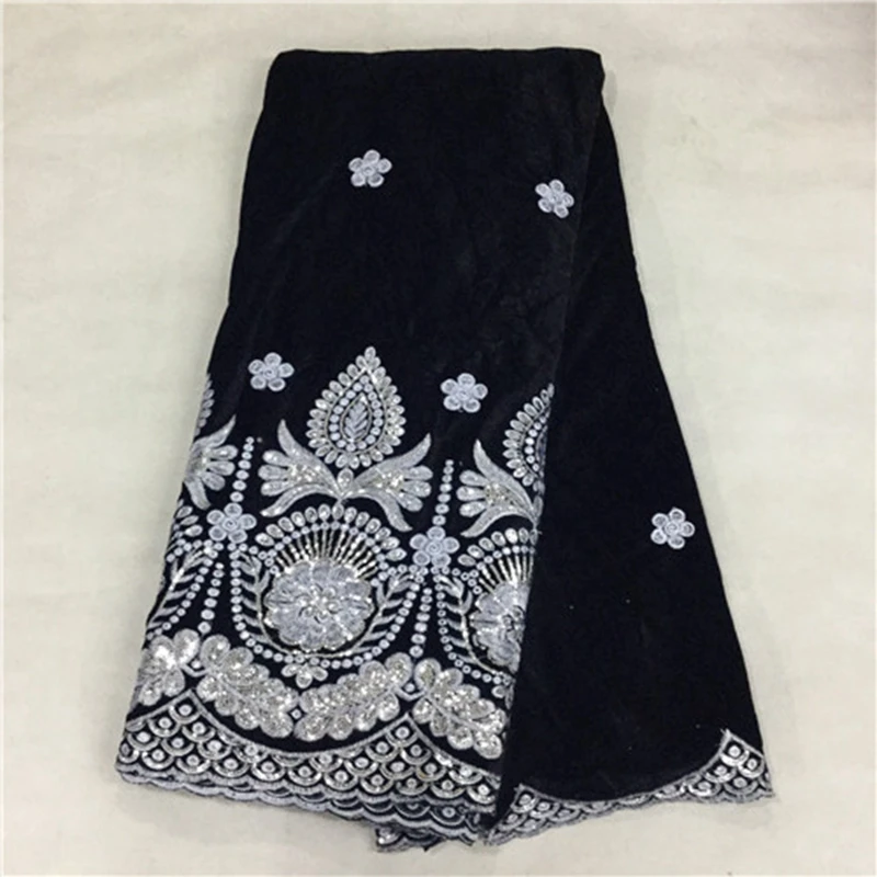 2016 hot black color African Velvet lace fabric with sliver sequins