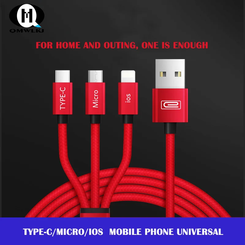 Mobile Phone Charging Data Cable 3 in 1 Nylon Fast Charging USB Cable Suitable For iPhone ios System, Type-C, Android