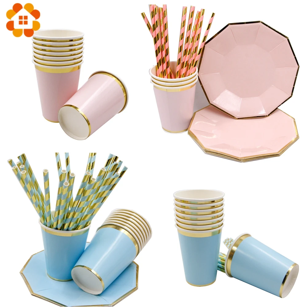 

1Set Baby Pink/Blue Disposable Tableware Set Paper Cup/Plates/Straws Table Decoration For Baby Shower Birthday Party Supplies