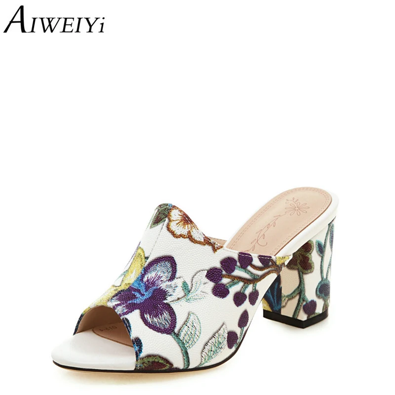 

AIWEIYi Women Slippers Outside Mules Shoes Women Square Heel High Heels Flip Flops Floral Print Summer Sandal Shoes Woman
