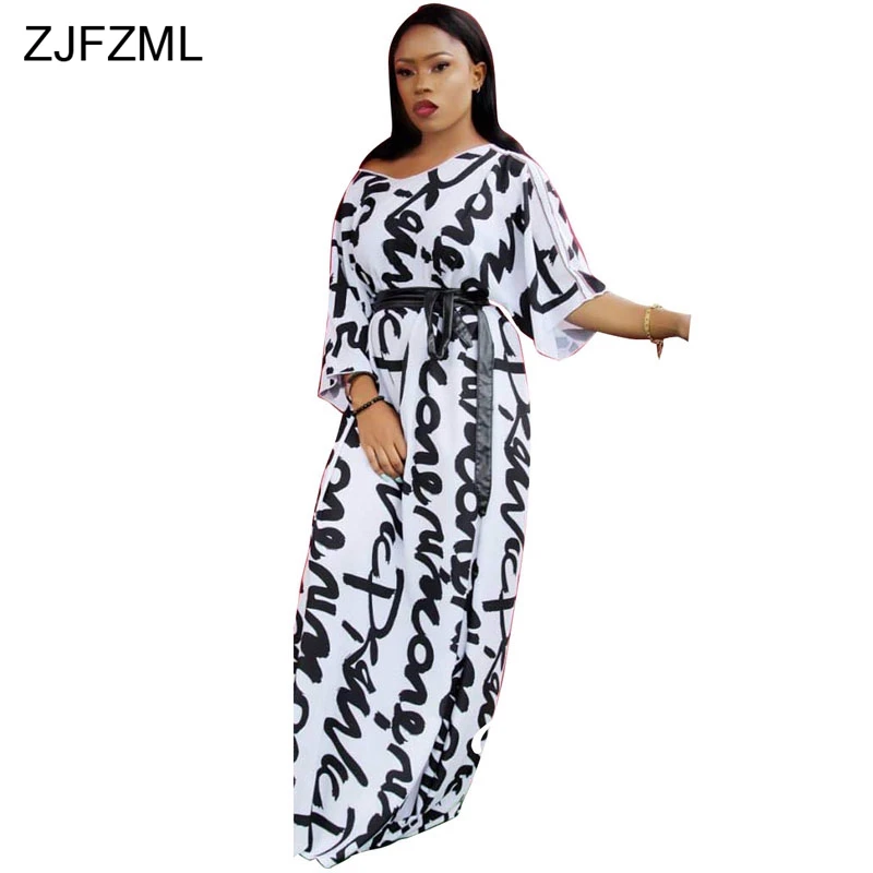 ZJFZML черно-белое платье макси с буквенным принтом, женское платье с глубоким v-образным вырезом и рукавом до пола, уличная одежда, женские вечерние платья с поясом