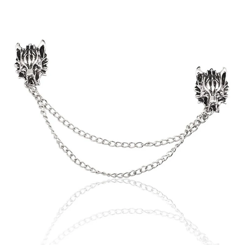 

Fashion Retro Wolf Head Brooch Personality Wolf Head Double Tassel Chain Brooch Badge Needle Men's Shirt Collar Needle Jewelry