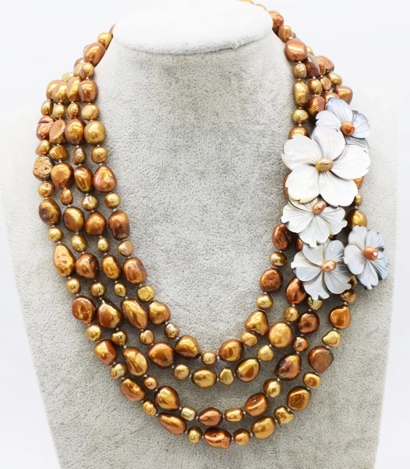 

WOW! 4rows freshwater pearl brown baroque 8-13mm necklace 17-19inch nature wholesale FPPJ