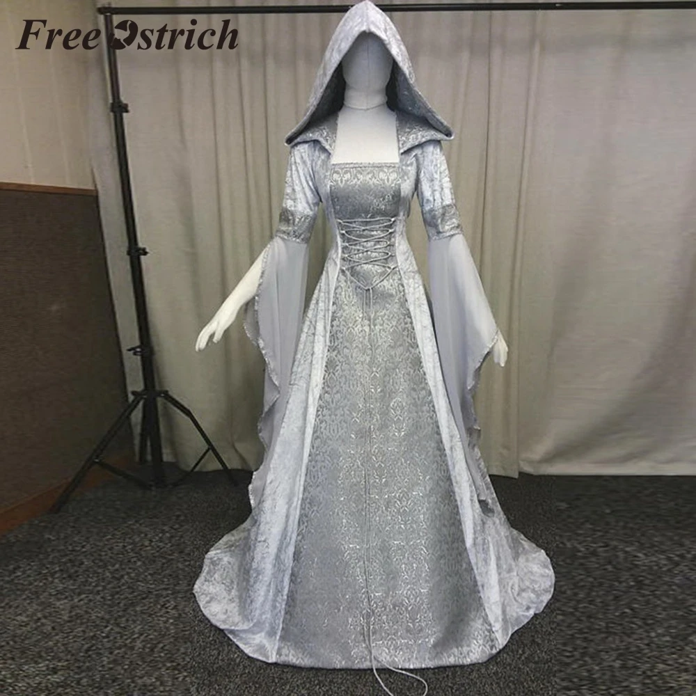 

Free Ostrich High Quality Women's Fashion Long Sleeve Hooded Medieval Floor Length Cosplay Dress Festival Decorations Dress