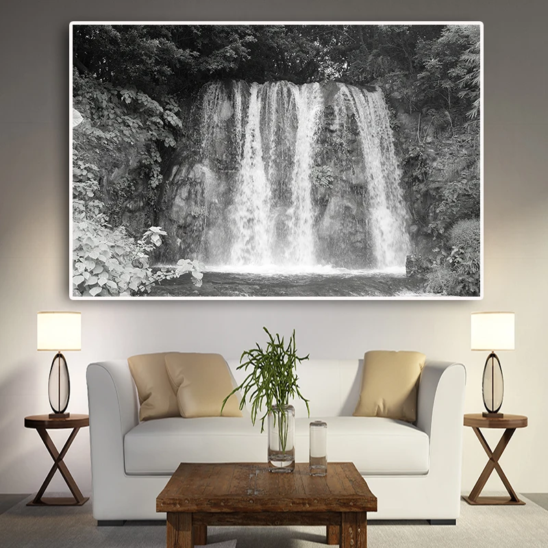 

Black White Forest Waterfall Landscape Canvas Painting Posters and Prints Scandinavian Nordic Wall Art Picture for Living Room