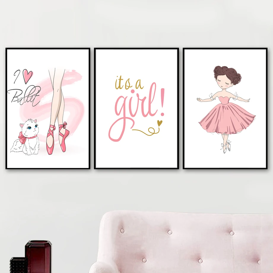 

Pink Ballet Girl Quote Wall Art Canvas Painting Nordic Posters And Prints Cartoon Wall Pictures For Baby Kids Room Bedroom Decor