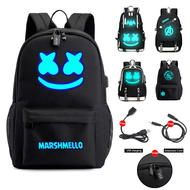 Цена DJ Marshmallow рюкзак школьные рюкзаки для подростков мальчиков девочек школьные сумки USB многофункциональная дорожная светящаяся сумка для ноут...