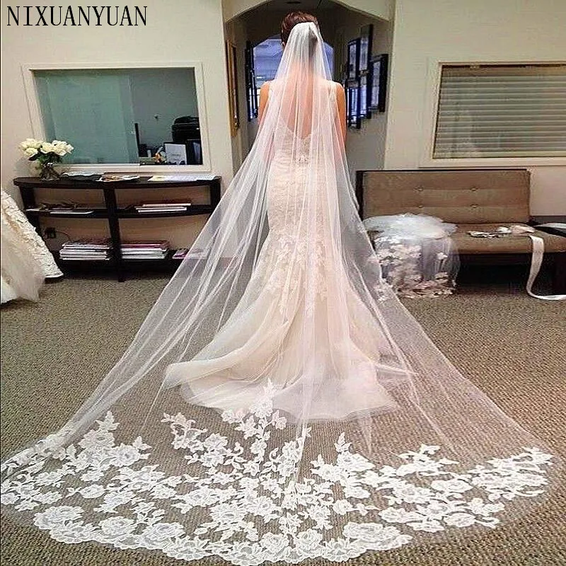 

Hot Sales 3M Long Wedding Veils Cathedral Bridal Accessories Lace Edge Bridal Veil with Comb veu de noiva longo