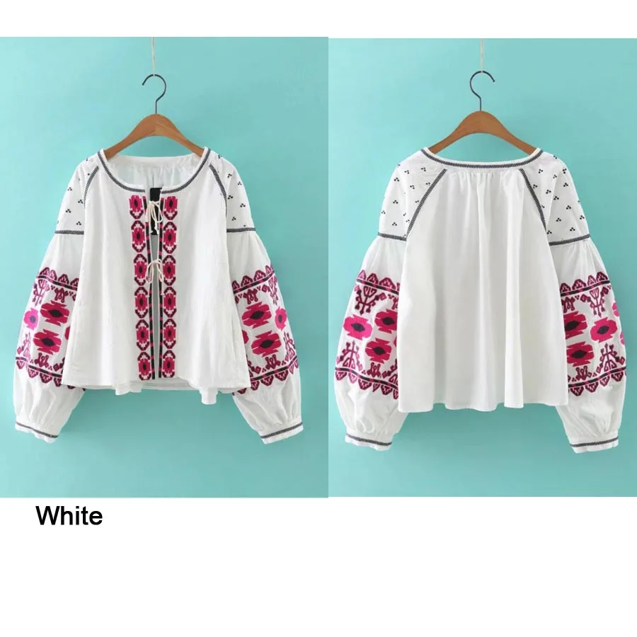BOHO blouse 2017 cotton floral embroidered blouses tassel long lantern sleeve loose Casual hippie women tops blouse and shirt