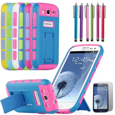 

Hybrid Impact Dual Kickstand Silicone Cover Case For Samsung Galaxy S3 i9300 Case Cover Stylus Pen and Screen Protective Film