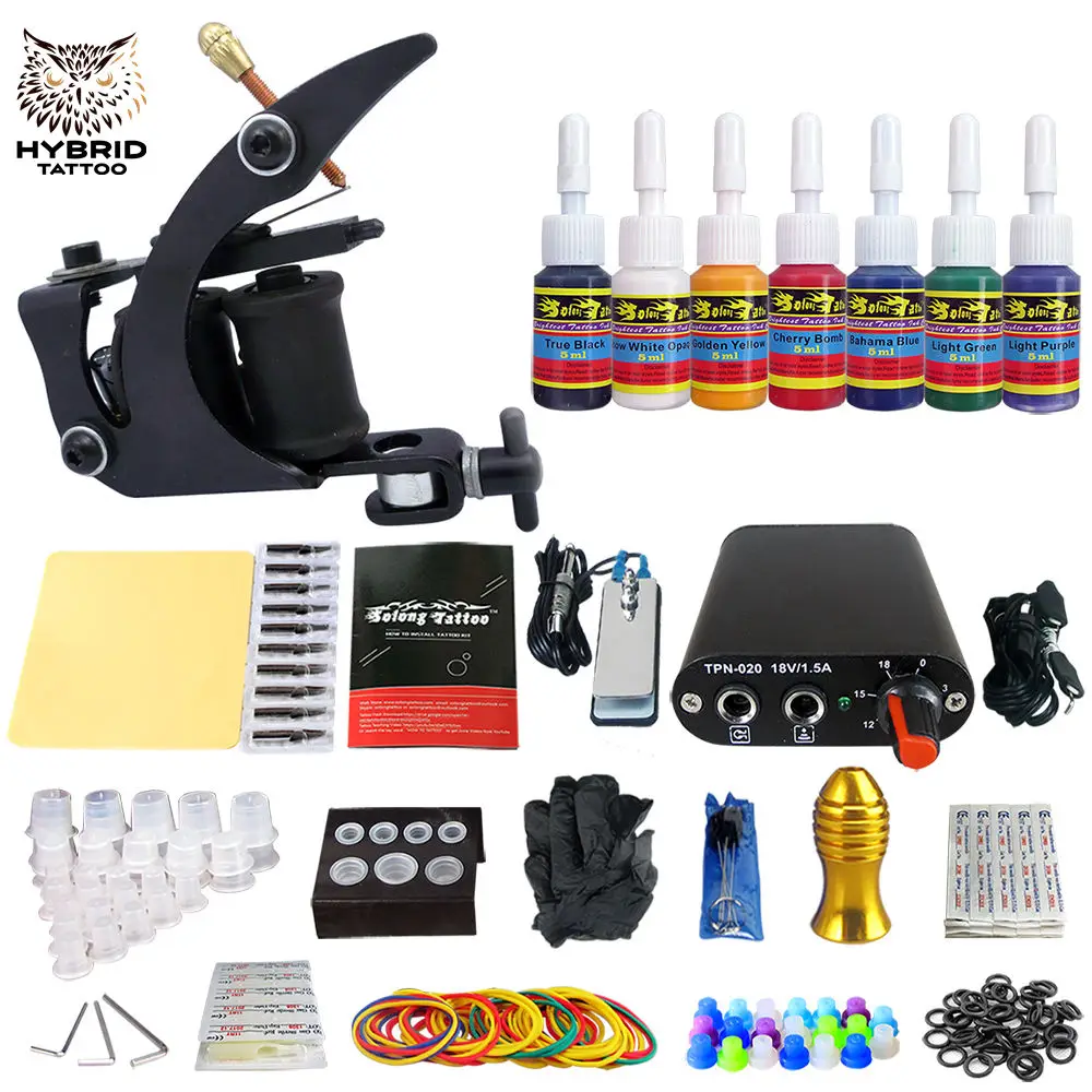 

Hybrid Complete Tattoo Coil Machine Kit For Liner Shader Power Supply Foot Pedal Needles Grip Tips Tattoo Body&Art TK105-1