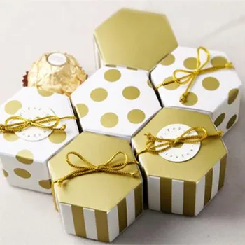

50pcs Mini Stripe/Dots Golden Bronzing Color Hexagon Chocolate Cake Box Dragee Candy Box Baking Package Wedding Deco Mariage
