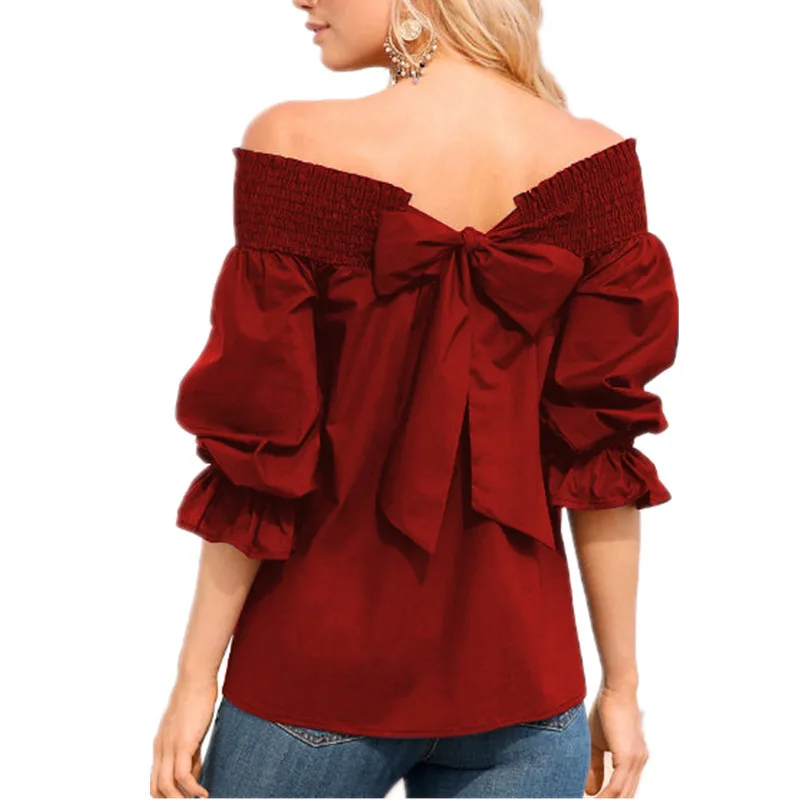 

LOSSKY Women Soild Off Shoulder Blouse Sexy Solid Slash Neck Ruffle Sleeve Blusa Shirts Back Bow Casual Loose Female Tops Summer