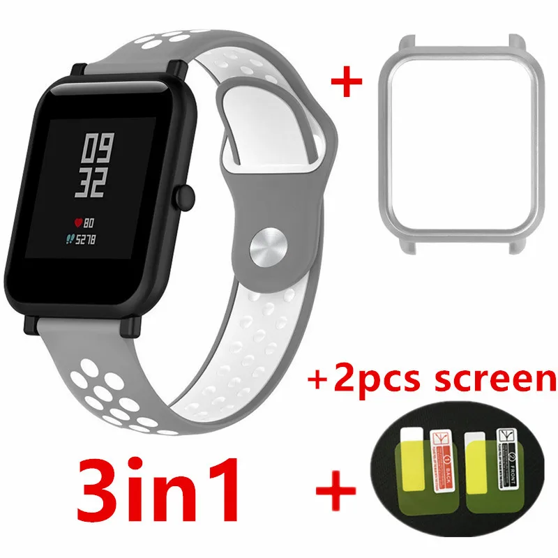 AMAZFEEL 3в1/упаковка 20 мм силиконовый ремешок+ чехол+ 2 шт. мягкая экранная пленка для Xiaomi Huami Amazfit Bip ремешок для часов - Цвет: Gray  white