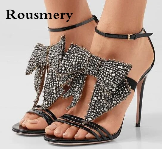 

Summer Fashion Women Sexy Patent Leather Removable Crystal Bling Bows Tie Strappy Dress Thin Heels Sandals Ladies Big Size 42
