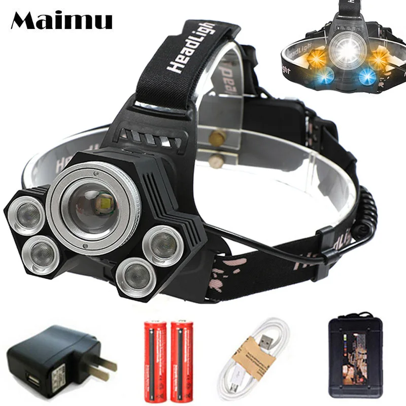 

Maimu 5 LED Zoomable Headlight Blue Light Fishing Headlamp Flashlight USB Rechargeable Powerful Headlamp Rotate Zoom Lantern D13