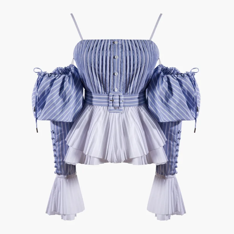

2019 New Summer Slash Neck Long Sleeve Hit Color Striped Split Joint Pleated Loose T-shirt Women Fashion JS239