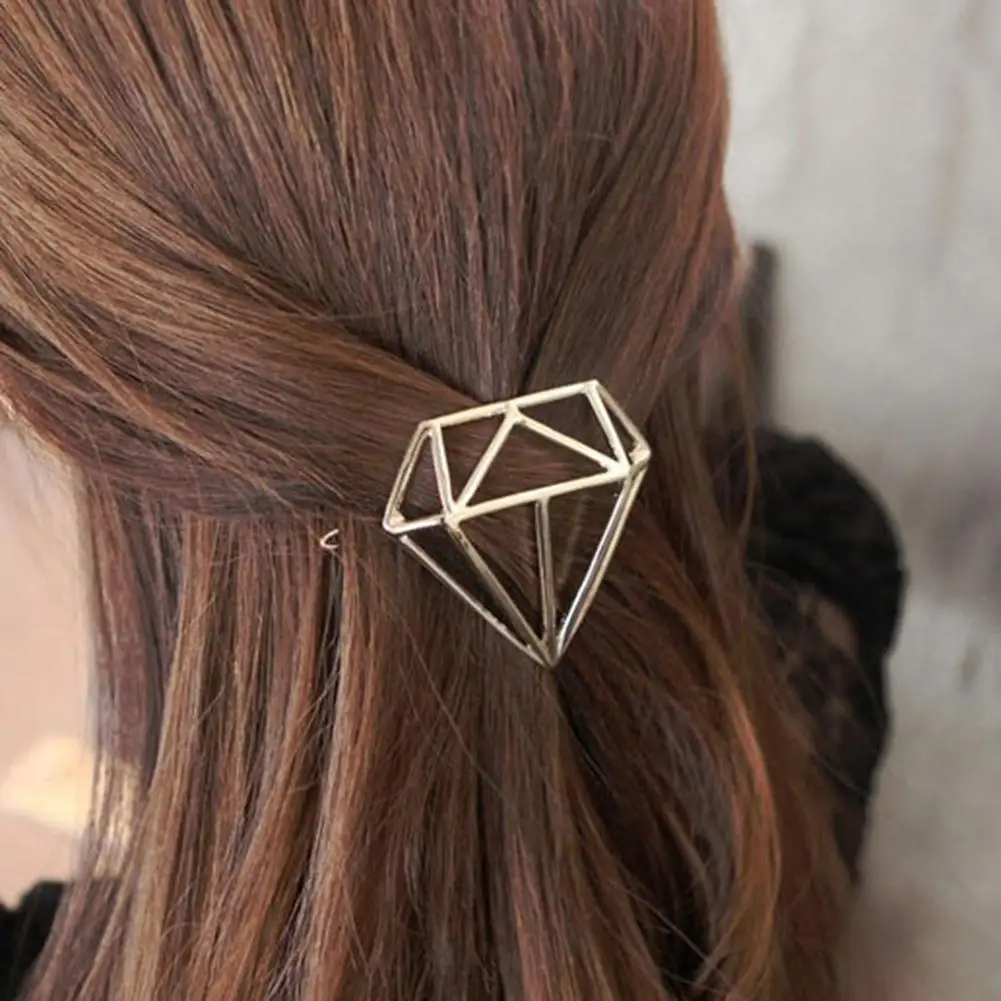 

DSstyles Women Simple Hollow Geometric Hairpin Metal Diamond Triangle Round Moon Shape Hair Clip
