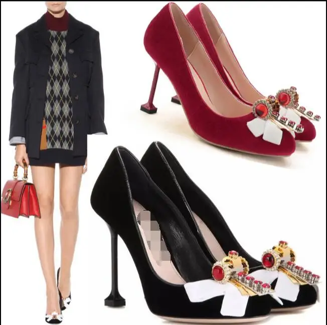 

Catwalk high heels diamond bow high heel women shoes sexy round toe diamond princess shoes woman party shoes red back custom