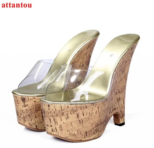 

2017 woman shoes PVC summer slipper transparent high heels wood wedges heel wedding party casual shoes female dress shoes 44