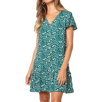 

Yuvie Elegant Short Sleeves Loose Dress Polka Dot Green Bohemian Vestidos Button Down Summer Beach Ruffled Little Black Sundress