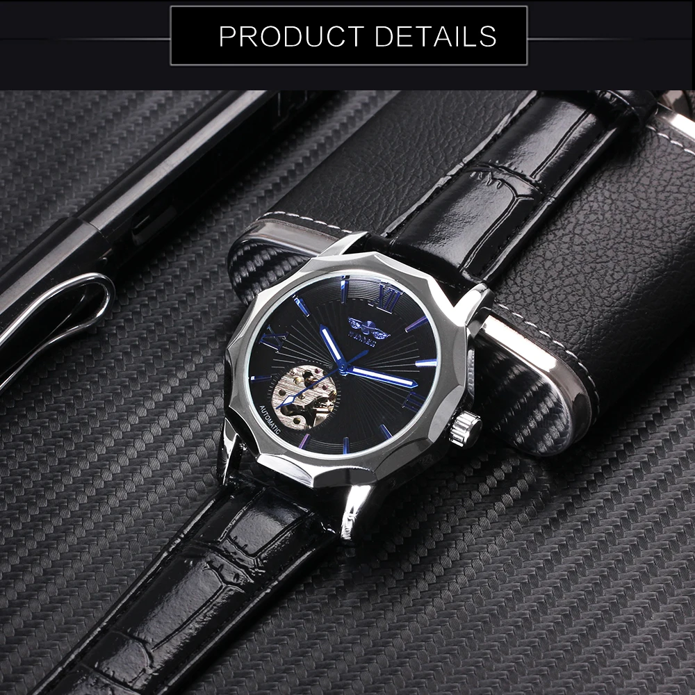 Winner Blue Exotic Dodecagon Design Skeleton Dial Men Watch Geometry Top Brand Luxury Automatic Fashion Mechanical Watch + BOX
