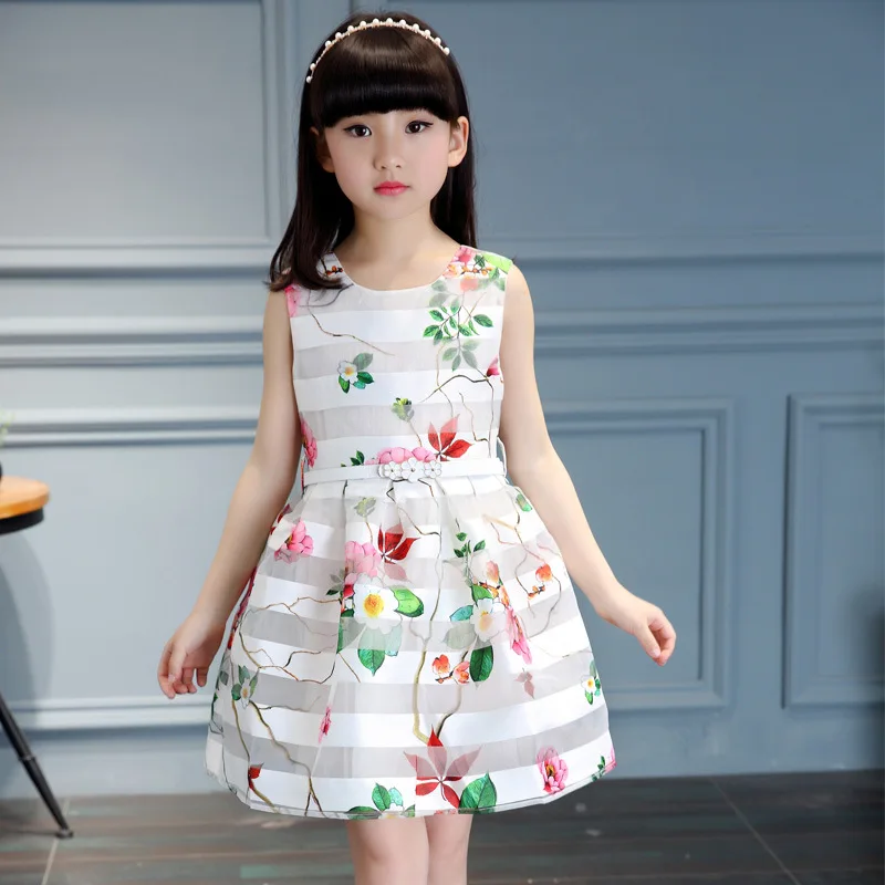

New Year Christmas For Baby Girl Spring Autumn Silk Fllower Print Sleeveless Crew Neck Keen-length Dress5-14Y