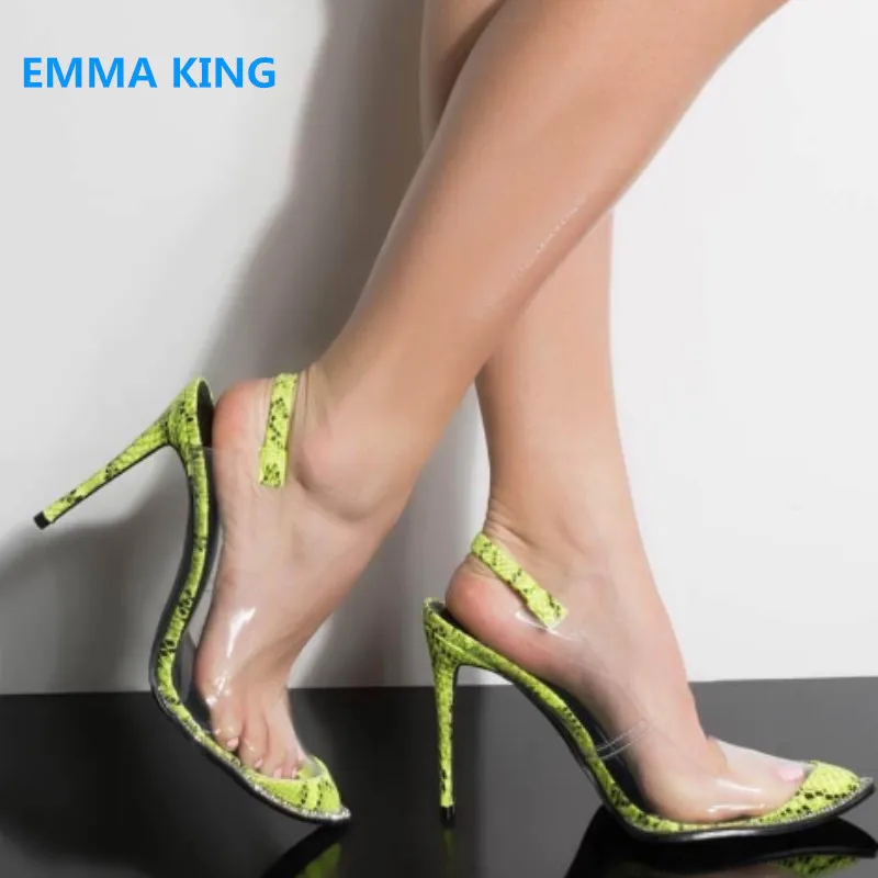 

Spring Autumn PVC Patchwork Transparent Pumps Women Pointed Toe Sexy Snake Prints High Heels Slingback Shoes Stilettos Sandals