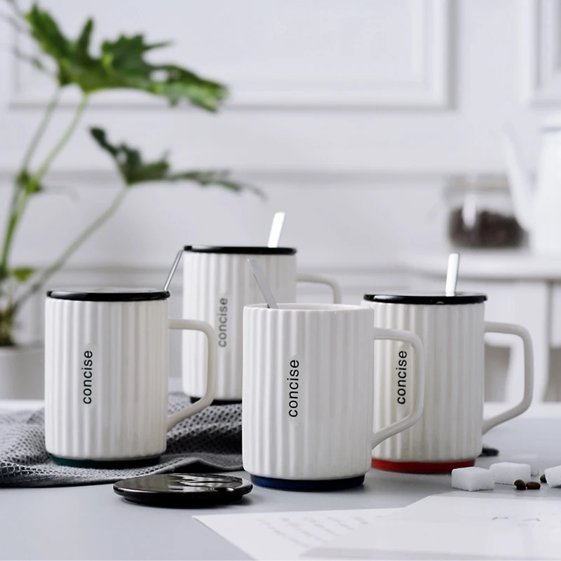 

White Ceramic Mugs Brief Stripes Tea Mug Water Cup with Lid Spoon Nordic Style Ceramic Cups Office Home Coffee Mug Milk Cup