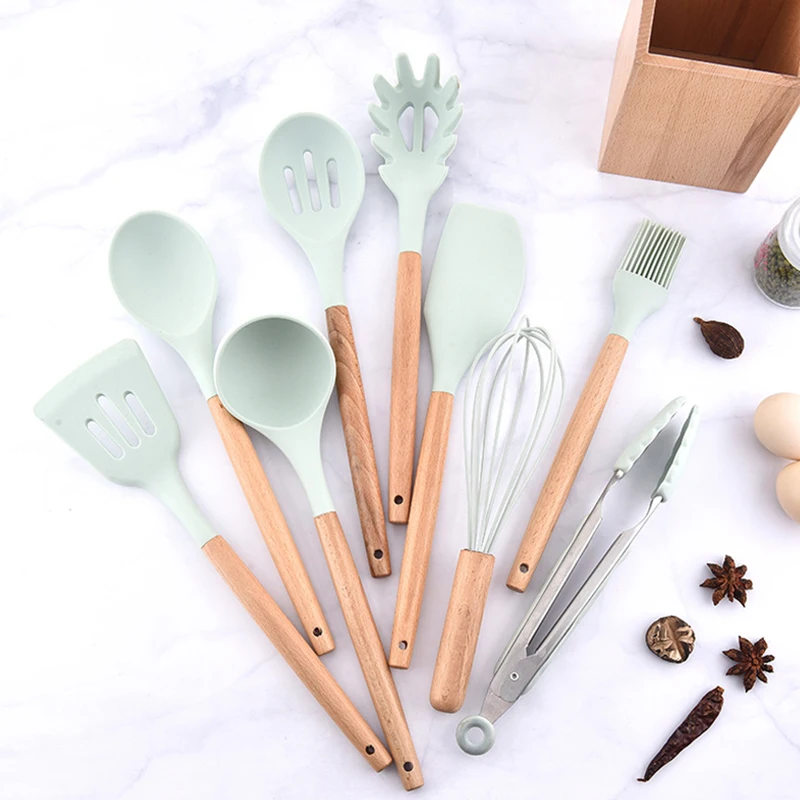 

9pcs/set Silicone Kitchen Gadgets Set Wood Handle Non-stick Utensils Tools Resistant Spoon Spatula Egg Beaters Dinnerware Items