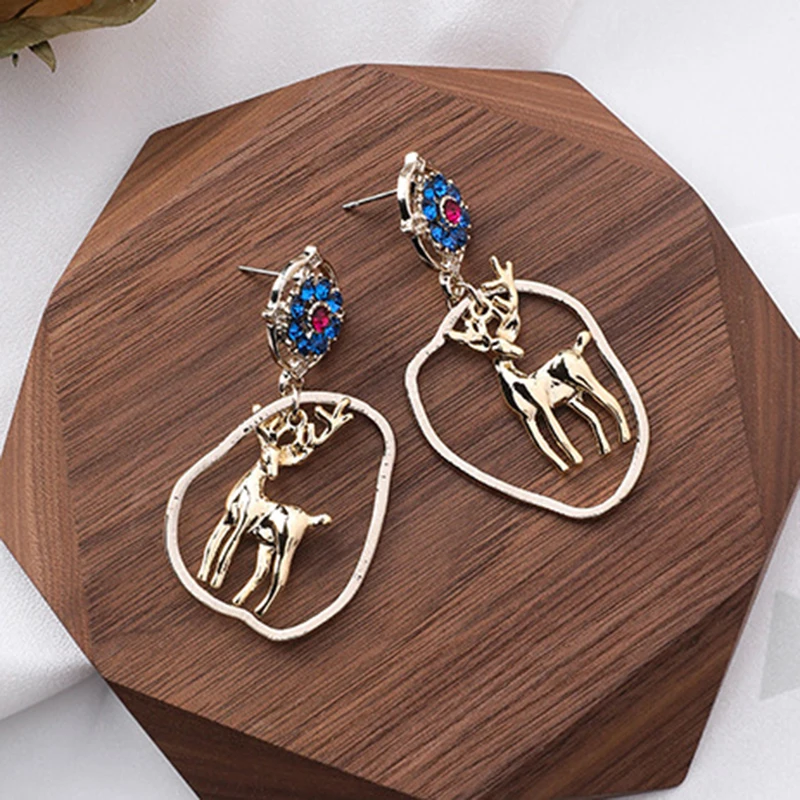 

Vintage Gold Blue Crystal Irregular Oval Elk Dangle Earrings For Women Animal Christmas Deer Drop Earring Korean Fashion Jewelry
