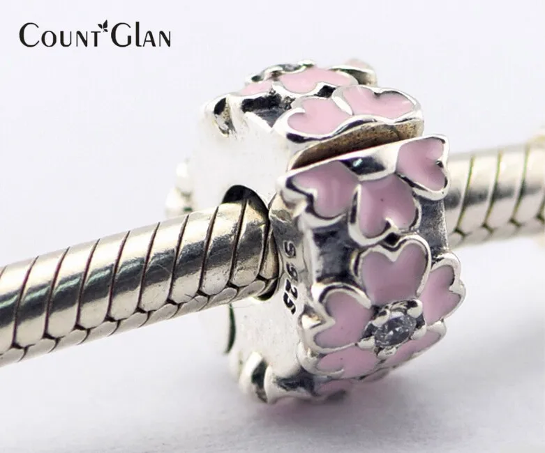 

2016 Spring Pink Enamel Primrose Clip Spacer Charm Beads 925 Sterling-Silver-Jewelry CZ Flower Stopper Fit Pandora Bracelet Diy