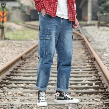 

M-5XL Plus Size Men Workout Baggy Jeans Streetwear Casual Fashion Cargo Denim Pants Loose Fit Wide Leg Straight Jeans Man XXXXXL