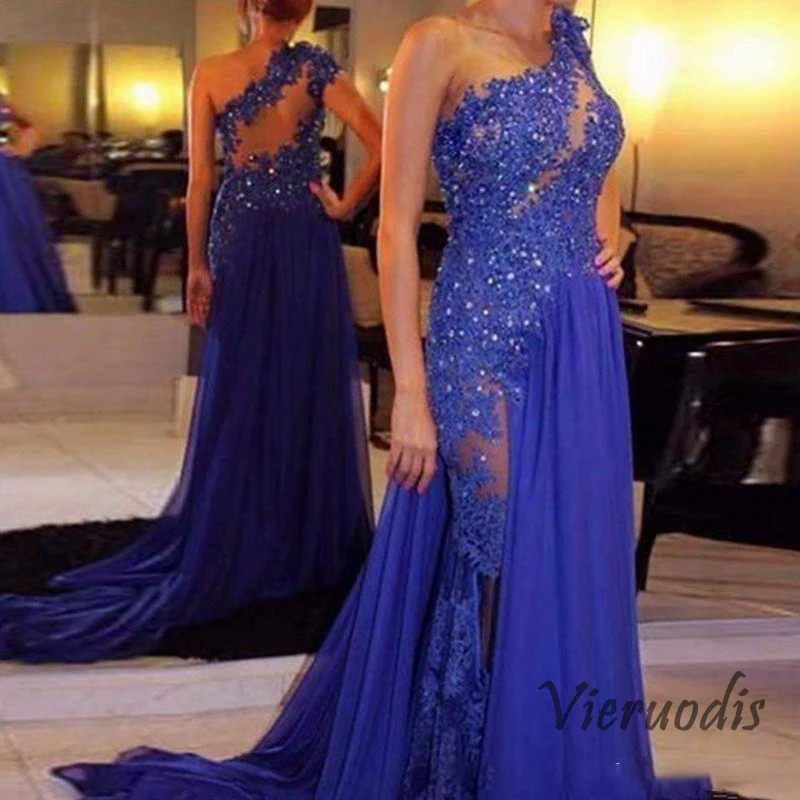 

Free Shipping Elegant A-Line Evening Dresses 2018 One-Shoulder Graduation Dresses Applique Beading Split Sweep Train